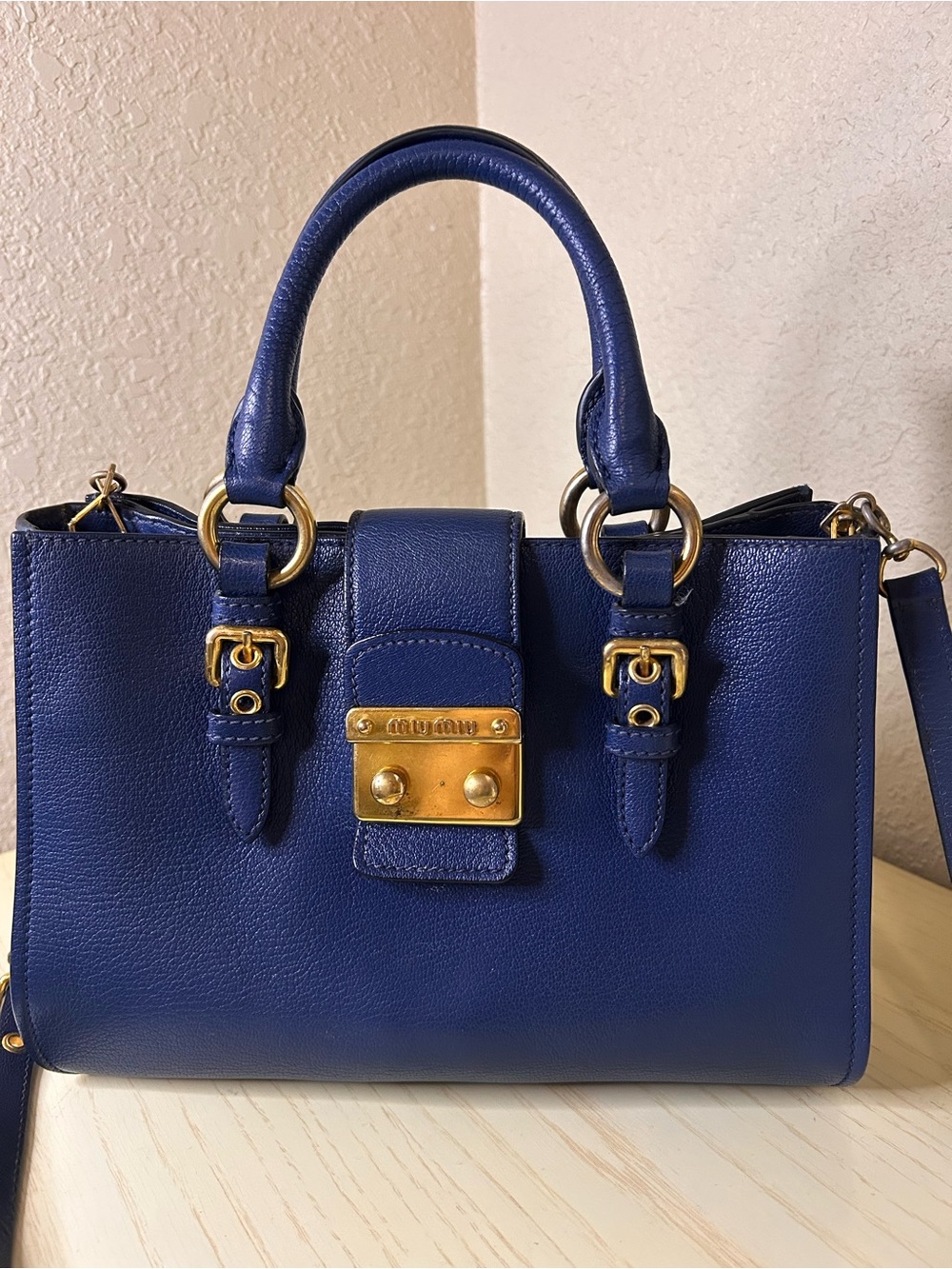 Miu Miu Royal Blue Pebbled Leather Push Lock Top Handle Satchel Shoulder Bag COA